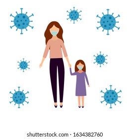 Coronavirus in China. Woman with child in white medical face mask with virus flying around them in the air.Coronavirus (2019-nCoV). Vector illustration.
