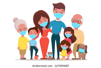 Coronavirus in China and in world. Novel coronavirus (2019-nCoV),  Family father mother daughters son grandparents and pets wearing white medical face masks. Vector flat cartoon illustration