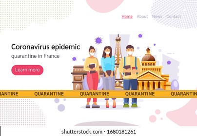 Coronavirus in China. Wuhan coronavirus 2019-nCoV. Group people students wearing protective face masks, protection against chinese virus, travelers in France. Quarantine in Paris. Vector illustration