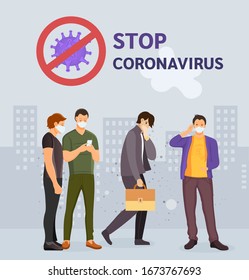 Coronavirus in China. Wuhan coronavirus 2019-nCoV. Stop corona-virus. Group people wearing protective face masks, protection against chinese virus. Virus protection using medical masks vector