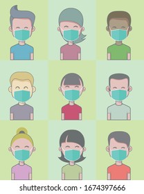 Coronavirus in China. Young People in Green Medical Face Mask. Concept of Coronavirus Quarantine Vector Illustration. 