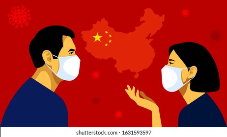 Coronavirus in China.Chinese people in white medical face mask. Man, woman and viruses in the air. Concept of coronavirus, quarantine, lockdown. Modern vector illustration on a social topic.