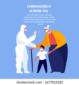 Coronavirus in China.Novel COVID 2019-nCoV,Old Pensioner Woman,Child in Medical Face Mask do Analysis on Quarantine.Man in Protective Suit with Test Safety Facility, Equipment.Flat Vektorillustration Illustration