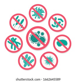 Coronavirus. Chinese coronavirus outbreak. Stop coronavirus. Coronavirus wuhan sars illness. Antibacterial sign set. Bacteria kill symbol. Control infection. Germ kill. Infection icon. Coat isolated