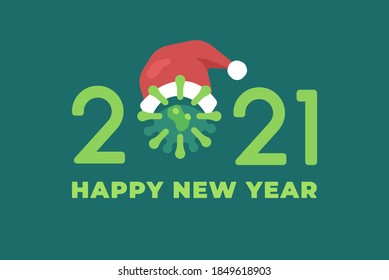 Coronavirus in christmas hat color icon on green background. Happy new year 2021 banner. Flat vector virus illustration 