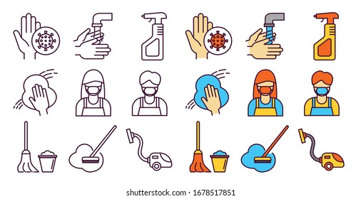 Conjunto de iconos de servicios de limpieza Coronavirus, elemento de diseño de servicios de limpieza para el hogar de virus para la empresa de limpieza. 