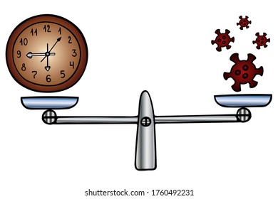 Coronavirus and clock. Balance balance for medical and decision weighing. Vector illustration. Isolated white background. It is important not to lose time. Help with infection is needed immediately.