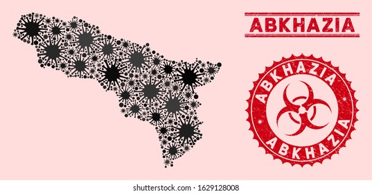 Coronavirus collage Abkhazia map and red grunge stamp watermarks with biohazard symbol. Abkhazia map collage created with randomized virus items. Red round outbreak danger seal stamp,