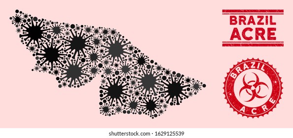 Coronavirus collage Acre State map and red distressed stamp seals with biohazard sign. Acre State map collage composed with randomized microbe symbols. Red round outbreak danger stamp,