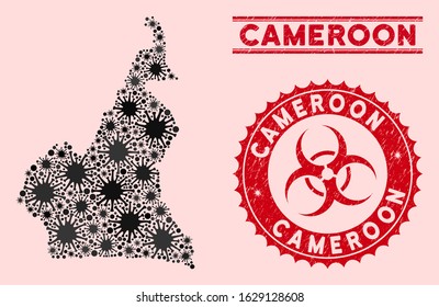 Coronavirus collage African Cameroon map and red grunge stamp seals with biohazard symbol. African Cameroon map collage constructed with scattered mers elements.