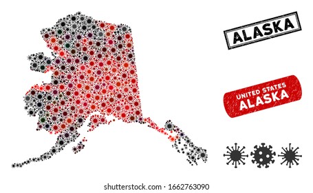 Coronavirus Collage Alaska Karte und Not leidende Stempelrobben. Alaska Karte Collage gebildet mit verstreuten roten und schwarzen Ansteckungsgegenständen. Verdichtungen im Winkel, mit kratzter Textur.