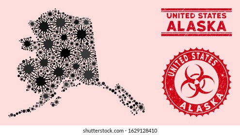 Coronavirus collage Alaska map and red corroded stamp watermarks with biohazard symbol. Alaska map collage formed with random bacillus items. Red rounded outbreak danger watermark,