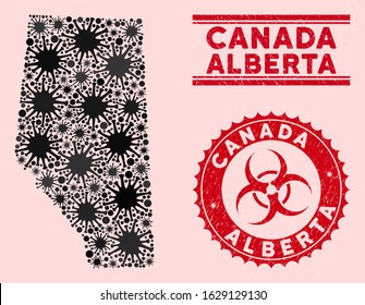 Coronavirus collage Alberta Province map and red grunge stamp watermarks with biohazard symbol. Alberta Province map collage created with random viral elements. Red round outbreak danger stamp,