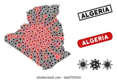 Coronavirus collage de Argelia mapa y marcas de agua corroídas. Collage de mapas argelinos diseñado con objetos contagiosos rojos y negros. Sellos rectangulares, con textura gruesa.