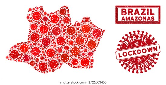 Coronavirus collage Amazonas State map and seal stamps. Red rounded lockdown distress seal stamp. Vector covid viral elements are combined into collage Amazonas State map. Vector collage for lockdown,