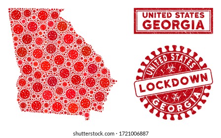 Coronavirus collage American State Georgia map and rubber prints. Red round lockdown scratched stamp. Vector coronavirus infection parts are organized into composition American State Georgia map.