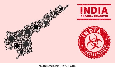 Coronavirus collage Andhra Pradesh State map and red distressed stamp watermarks with biohazard sign. Andhra Pradesh State map collage constructed with randomized viral items.