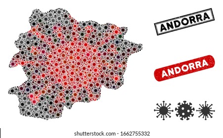 Coronavirus Collage Andorra Karte und Gummistempel Wasserzeichen. Andorra Karte Collage mit verstreuten roten und schwarzen ansteckenden Elementen. Die Wasserzeichen sind in einem kleinen Winkel mit Grunge-Textur.
