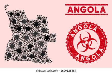 Coronavirus collage Angola map and red grunge stamp watermarks with biohazard symbol. Angola map collage designed with randomized mers-cov elements. Red rounded outbreak danger seal stamp,