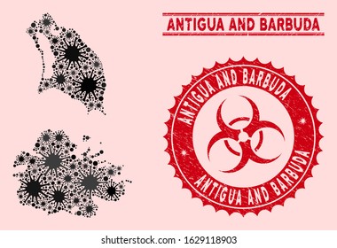 Coronavirus collage Antigua and Barbuda map and red distressed stamp watermarks with biohazard sign. Antigua and Barbuda map collage composed with scattered mers-cov elements.