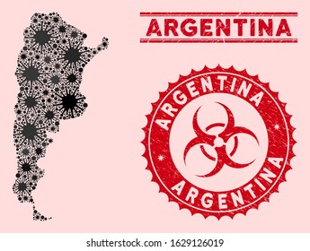 Coronavirus collage Argentina map and red distressed stamp watermarks with biohazard symbol. Argentina map collage formed with randomized viral icons. Red round outbreak danger stamp,