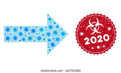 Coronavirus collage arrow icon and round grunge stamp seal with 2020 caption. Mosaic vector is created with arrow icon and with randomized contagion items. 2020 stamp seal uses biohazard style,