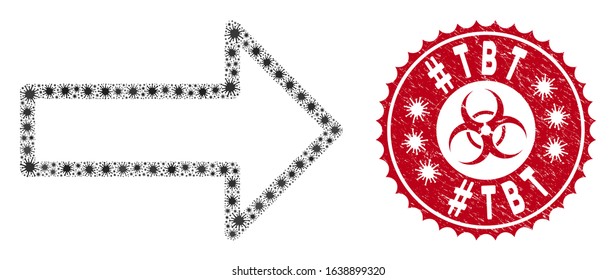 Coronavirus collage arrow icon and round rubber stamp seal with #Tbt phrase. Mosaic vector is created with arrow icon and with scattered pandemic objects. #Tbt stamp seal uses biohazard style,