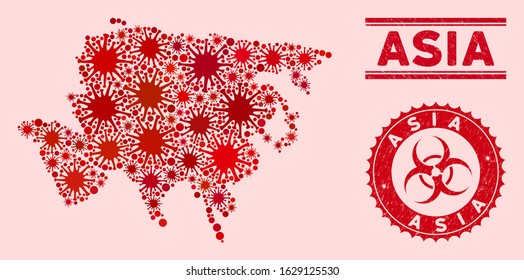 Coronavirus collage Asia map and red corroded stamp watermarks with biohazard symbol. Asia map collage constructed with randomized pandemic items. Red round outbreak danger seal stamp,
