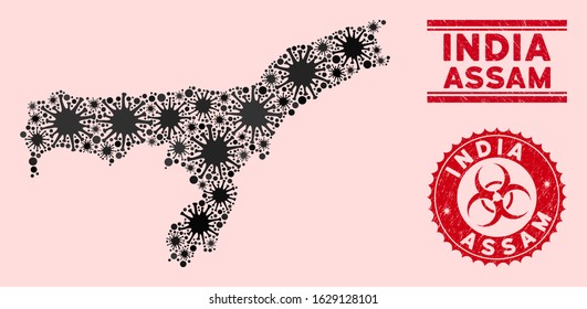 Coronavirus collage Assam State map and red grunge stamp seals with biohazard sign. Assam State map collage designed with random contagious icons. Red rounded outbreak danger seal stamp,