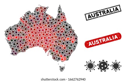 Coronavirus collage Australia map and grunge stamp watermarks. Australia map collage created with random red and black contagious items. Rectangle watermarks, with grunge texture.