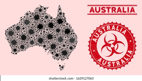 Coronavirus collage Australia map and red rubber stamp watermarks with biohazard symbol. Australia map collage designed with random microorganism items. Red round outbreak danger seal stamp,