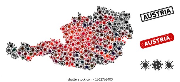 Coronavirus collage de Austria mapa y marcas de agua con sellos perturbados. Collage de mapas austriacos compuesto por elementos de martillos rojos y negros dispersos. Marcas de agua rectangulares, con textura impura.