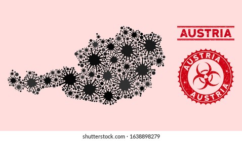 Coronavirus collage Austria map and red corroded stamp watermarks with biohazard sign. Austria map collage created with scattered flu elements. Red rounded outbreak danger seal stamp,