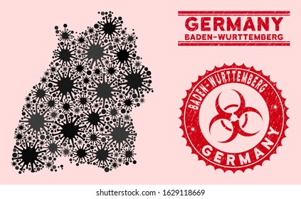 Coronavirus collage Baden-Wurttemberg Land map and red rubber stamp seals with biohazard sign. Baden-Wurttemberg Land map collage created with scattered mers symbols.