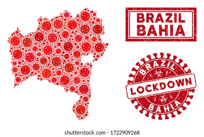 Coronavirus collage Bahia State map and seal stamps. Red round lockdown scratched watermark. Vector coronavirus pathogen elements are united into collage Bahia State map.