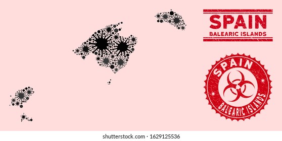 Coronavirus collage Balearic Islands map and red grunge stamp seals with biohazard symbol. Balearic Islands map collage designed with scattered bacillus items. Red round outbreak danger seal stamp,