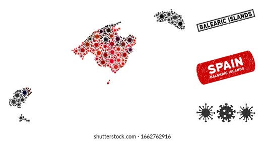 Coronavirus collage Balearic Islands map and corroded stamp watermarks. Balearic Islands map collage composed with scattered red and black infection icons. Rectangle watermarks, with dirty texture.