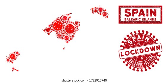 Coronavirus collage Balearic Islands map and watermarks. Red round lockdown distress watermark. Vector coronavirus pathogen elements are arranged into collage Balearic Islands map.