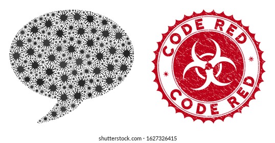 Coronavirus collage balloon icon and round corroded stamp seal with Code Red caption. Mosaic vector is composed with balloon icon and with randomized virus objects.