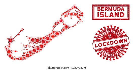 Coronavirus collage Bermuda Island map and rubber prints. Red round lockdown grunge seal. Vector coronavirus viral parts are united into mosaic Bermuda Island map. Vector collage for outbreak,