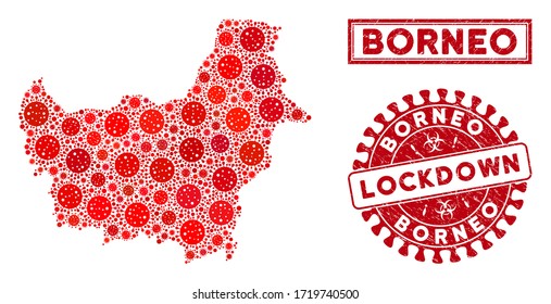 Coronavirus collage Borneo map and rubber prints. Red rounded lockdown scratched watermark. Vector coronavirus viral elements are arranged into composition Borneo map. Vector composition for safety,