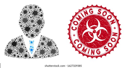 Coronavirus collage boss icon and rounded corroded stamp seal with Coming Soon phrase. Mosaic vector is created with boss icon and with randomized bacterium icons.