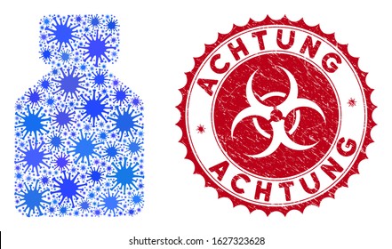 Coronavirus collage bottle icon and rounded grunge stamp seal with Achtung phrase. Mosaic vector is designed with bottle pictogram and with randomized virus objects.