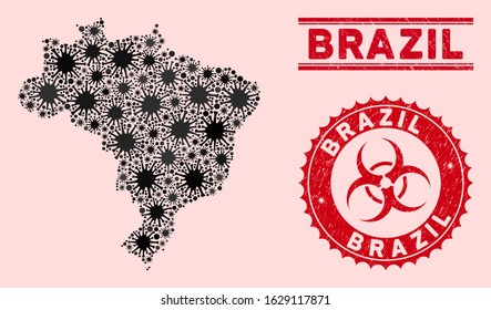 Coronavirus collage Brazil map and red rubber stamp seals with biohazard symbol. Brazil map collage designed with randomized microbe symbols. Red round outbreak danger stamp, with distress texture.