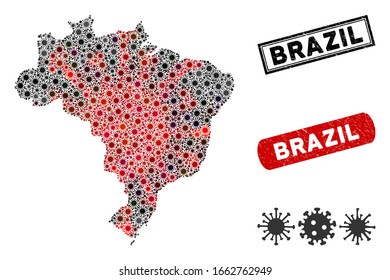 Coronavirus Collage Brasilien Karte und Gummistempel Wasserzeichen. Brasilien Karte Collage erstellt mit verstreuten roten und schwarzen pandemischen Elementen. Wasserzeichen mit unscharfer Textur neu versetzen.