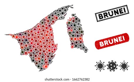 Coronavirus collage Brunei map and corroded stamp watermarks. Brunei map collage designed with scattered red and black infection items. Rectangle seals, with unclean texture.