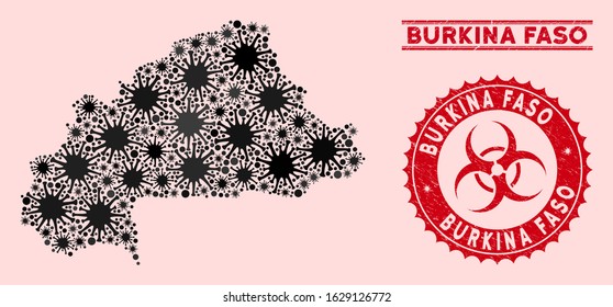 Coronavirus collage Burkina Faso map and red corroded stamp seals with biohazard sign. Burkina Faso map collage created with scattered contagion symbols. Red rounded outbreak danger seal stamp,