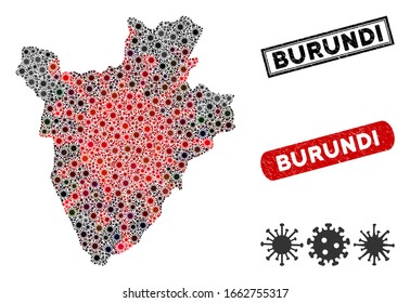 Coronavirus collage mapa de Burundi y sellos corroídos. Collage de mapas de Burundi creado con símbolos pandemios rojos y negros al azar. Sellos rectangulares, con textura sucia.
