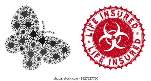 Coronavirus collage butterfly icon and round grunge stamp seal with Life Insured caption. Mosaic vector is composed from butterfly icon and with scattered mers symbols.