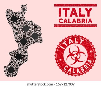 Coronavirus collage Calabria region map and red corroded stamp watermarks with biohazard sign. Calabria region map collage composed with random mers-cov elements. Red round outbreak danger watermark,